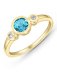 9ct Yellow Gold Round Swiss Blue Topaz & Diamond Three Stone Ring