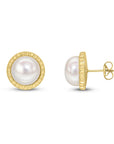 9ct Yellow Gold Textured Border Button Pearl Stud Earrings