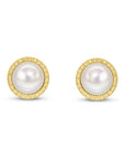 9ct Yellow Gold Textured Border Button Pearl Stud Earrings
