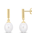 9ct Yellow Gold Cylinder Bar With Pearl Drop Earrings