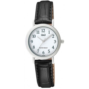 Q&Q Ladies Classic Chrome case, Full Figures and Black Leather Strap