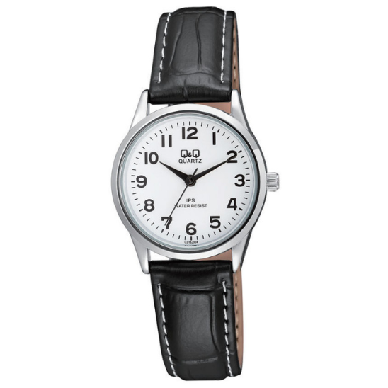 Q&Q Ladies Chrome case, full figures with Black Leather Strap