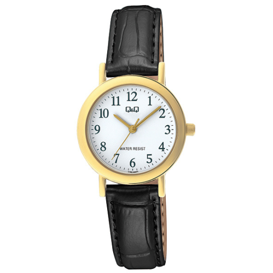 Q&Q Ladies Gold case Full Figure watch with Black Leather Strap