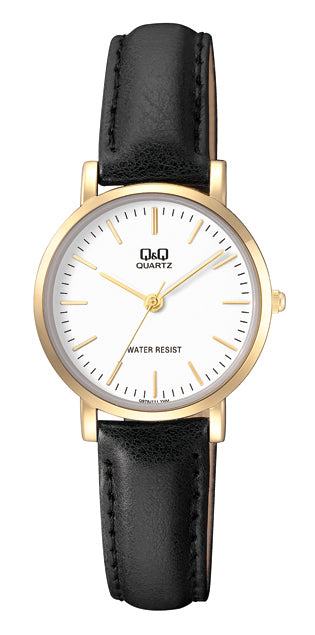 Q&Q Ladies Gold Plated watch with Black leather Strap
