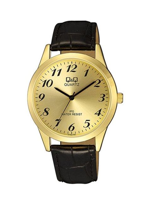 Q&Q Gents Gold Case Watch with Black Leather Strap