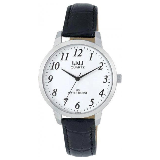 Q&Q Gents Classic Chrome case watch with Black Leather Strap