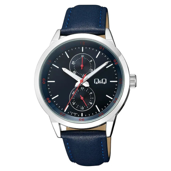 Q&Q Gents Classic Chrome case and Navy Leather Strap