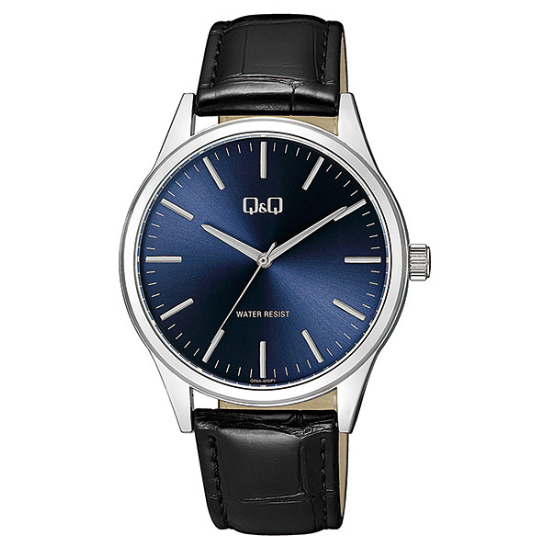 Q&Q Gents Classic Chrome Case with Black Leather Strap