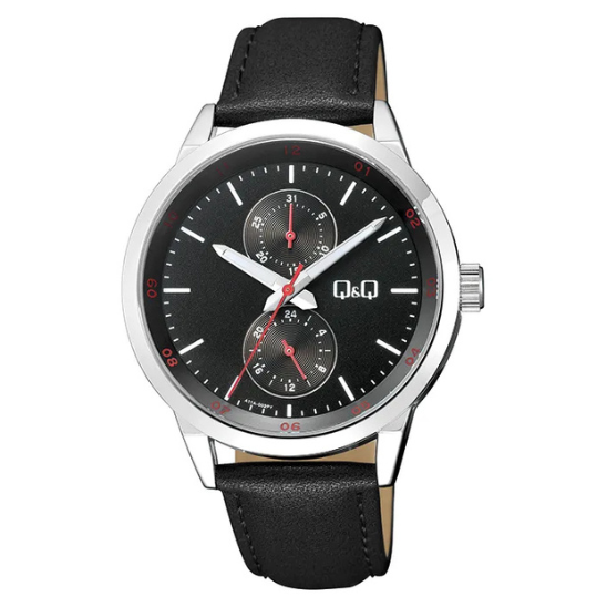 Q&Q Gents Classic Chrome Case watch with Black Leather Strap