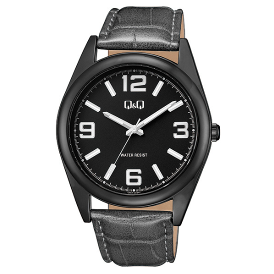 Q&Q Gents Classic Black Chrome Case with Grey Leather Strap