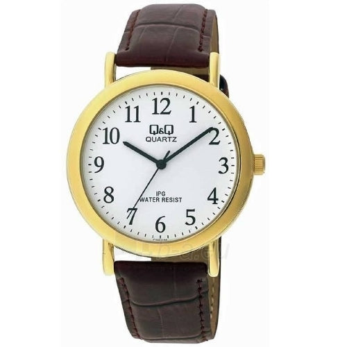 Q&Q Gents Gold Plated Case Watch with Brown Leather Strap