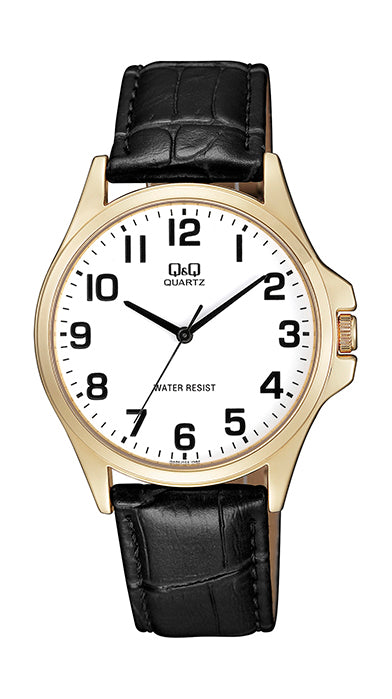 Q&Q Gents Gold Plated Case, White Face and Black Leather Strap