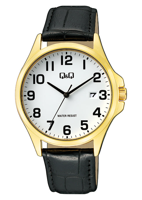 Q&Q Gents Classic Gold case with Black Leather Strap