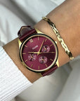 Minuit Multifunction Watch Leather, Dark Cherry Lizard, Gold Colour