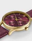 Minuit Multifunction Watch Leather, Dark Cherry Lizard, Gold Colour