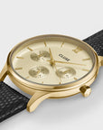Minuit Multifunction Watch Leather, Black Lizard, Gold Colour