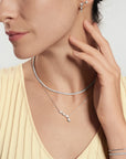Silver Half-Bezel Angled & Dangle Teardrop Necklace