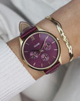 Minuit Multifunction Watch Leather, Dark Cherry Lizard, Gold Colour