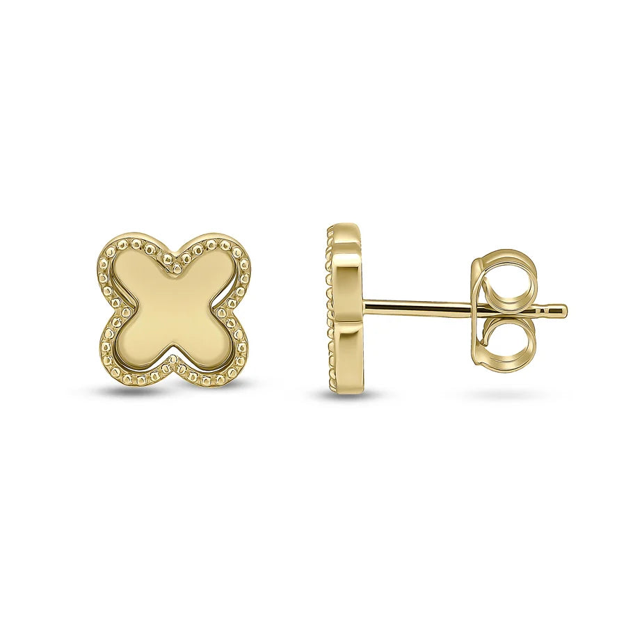 9ct Yellow Gold Beaded Edge Clover Stud Earrings 8mm