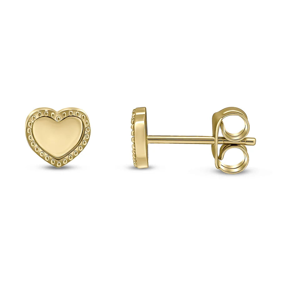 9ct Yellow Gold Beaded Edge Heart Stud Earrings 6.5mm