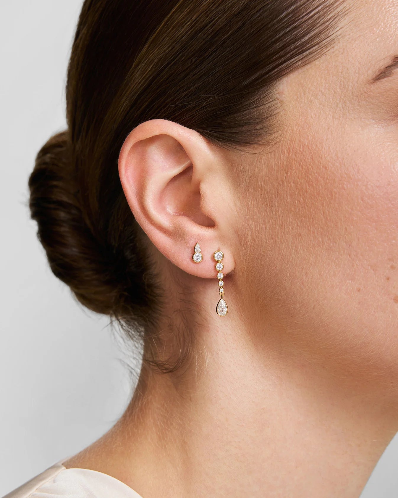 Gold Graduated Bezel Round &amp; Teardrop Dangle Stud Earrings