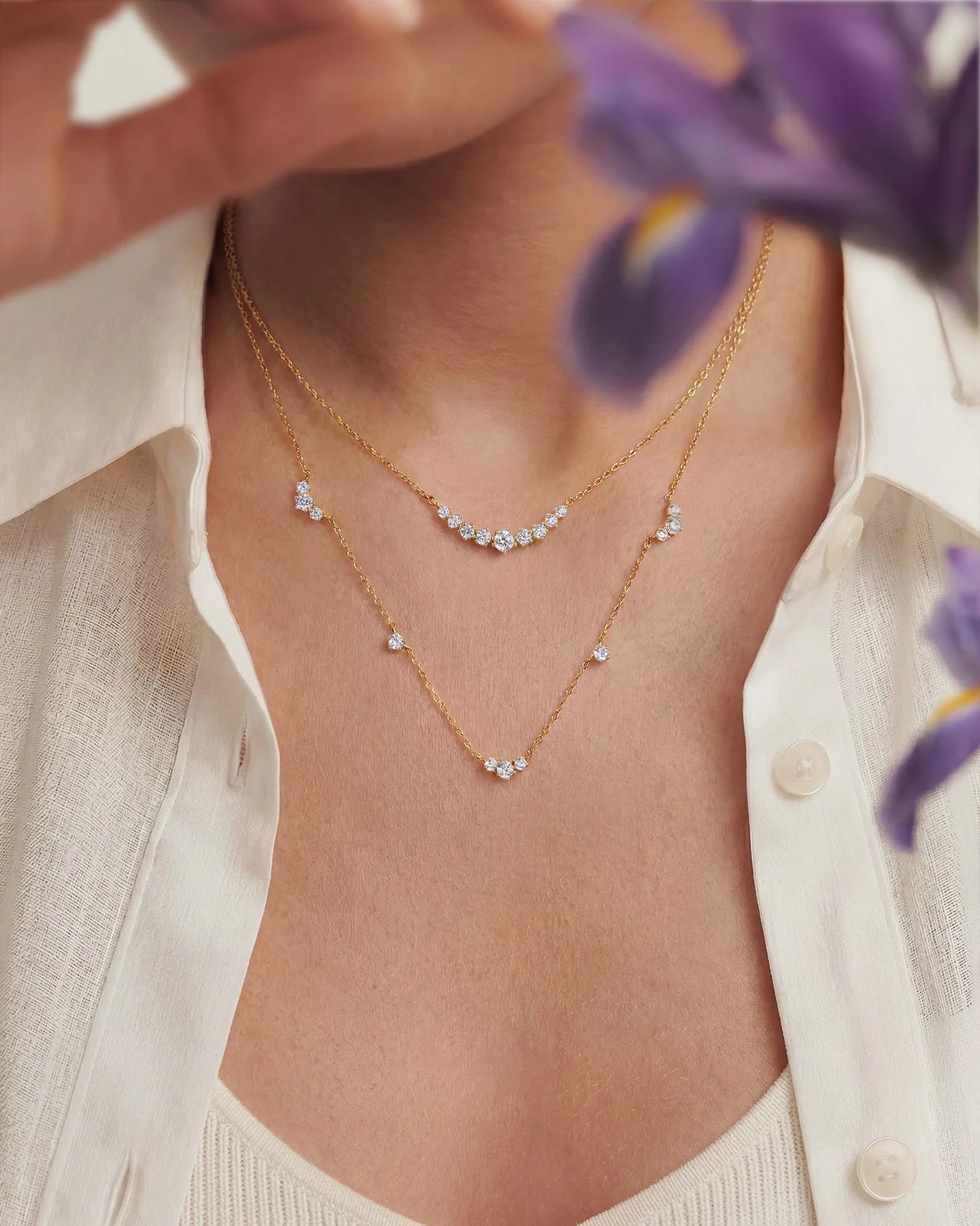 Gold Cluster &amp; Single Station Necklace