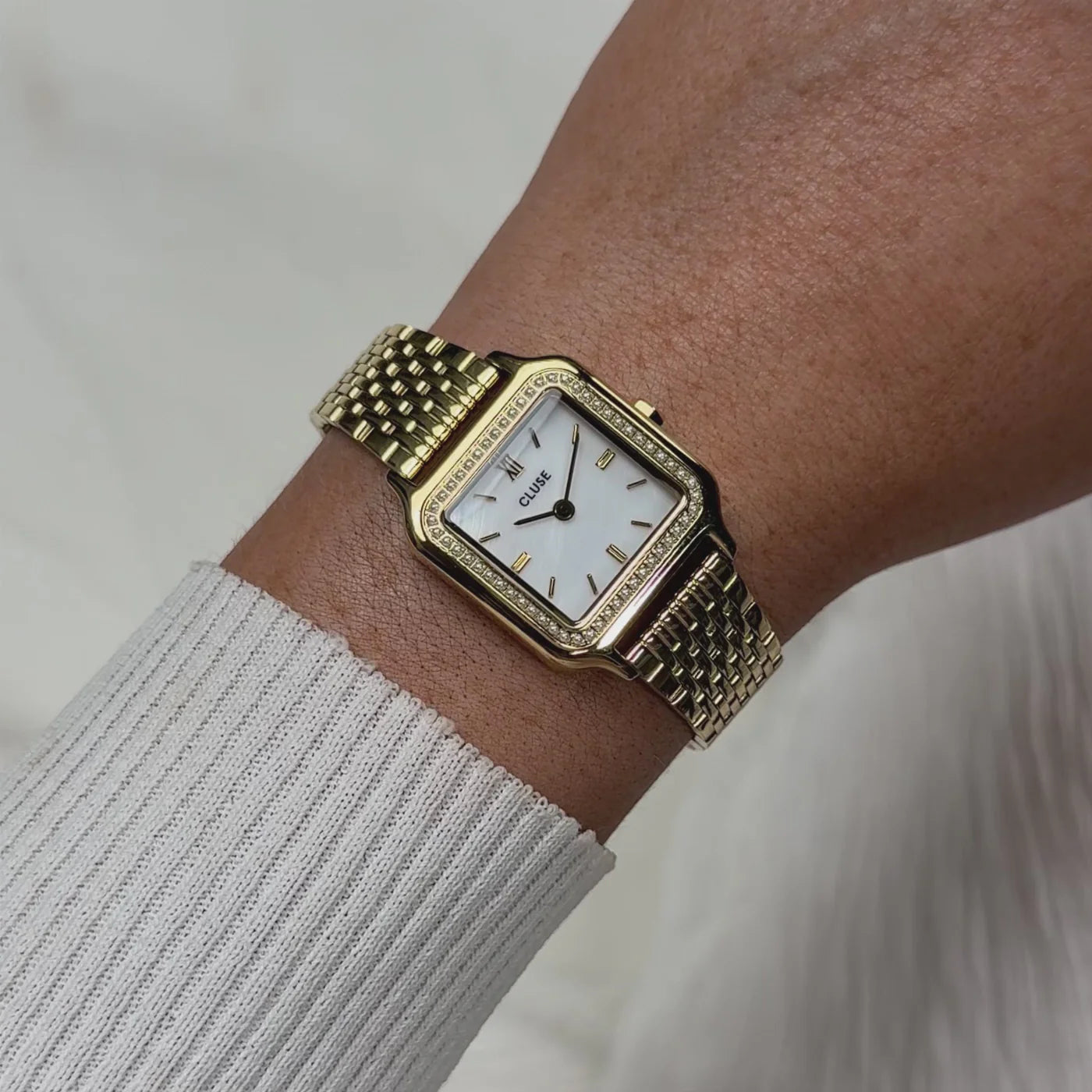 Gracieuse Petite Watch Steel, Glass Pearls, White, Gold Colour