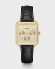 La Tétragone Multifunction Watch Leather, Black Lizard, Gold Colour