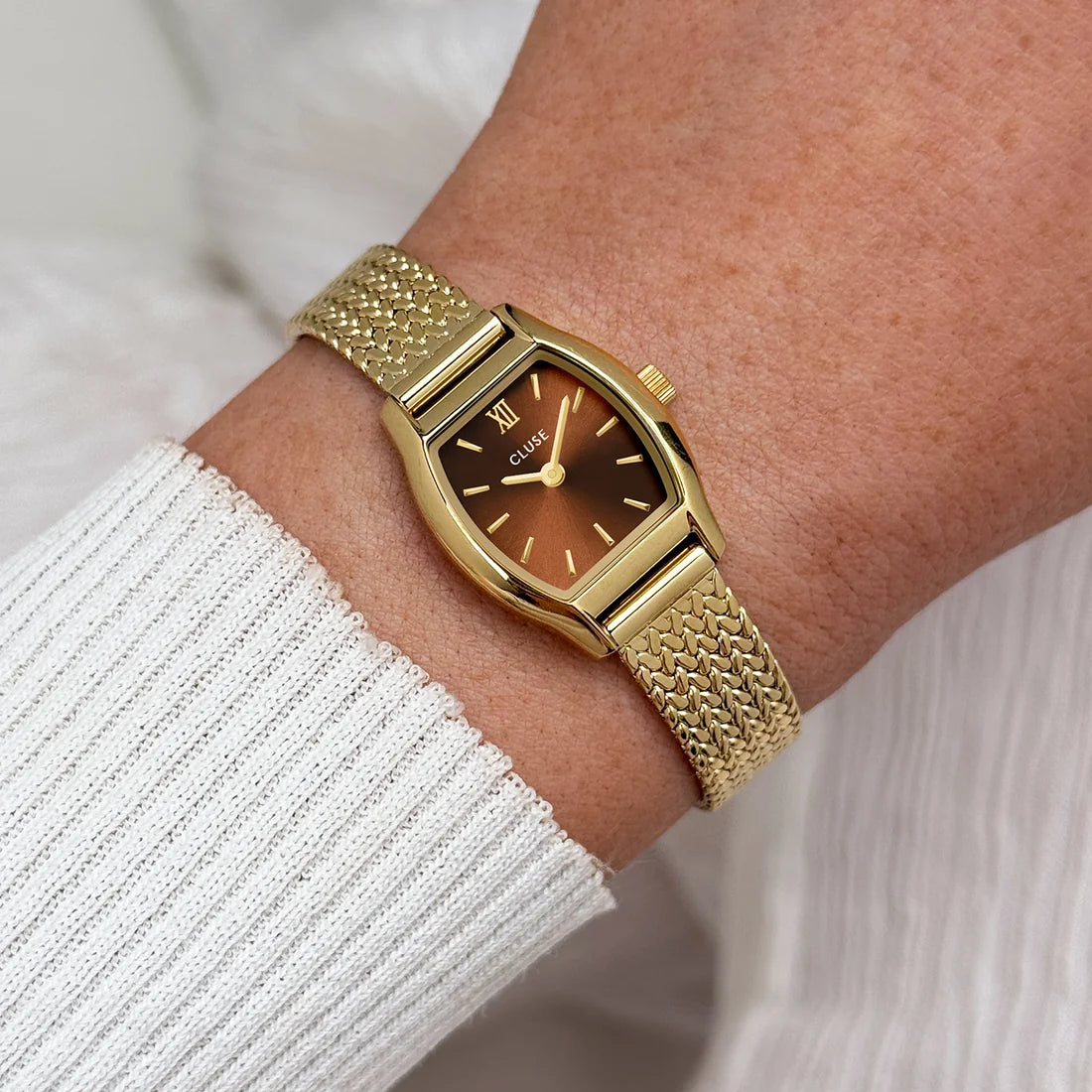 Tonnette Mini Watch Mesh, Brown, Gold Colour