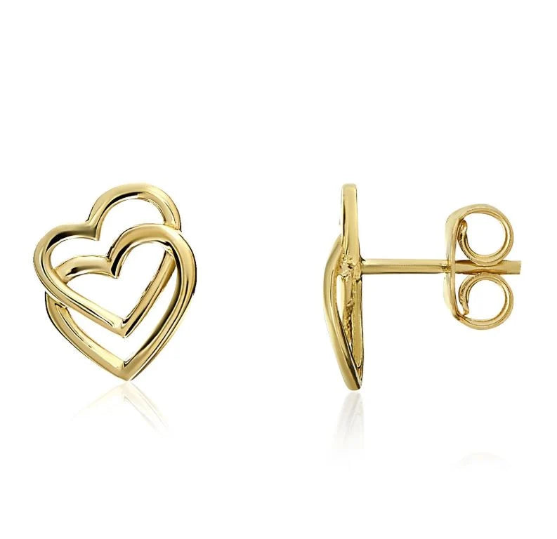 9ct Yellow Gold Double Heart Stud Earrings 11x9mm
