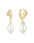 Gold Sparkling Duet Mixed Shell Pearl Drop Huggie Hoop Earrings