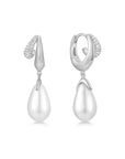 Silver Sparkling Duet Mixed Shell Pearl Drop Huggie Hoop Earrings