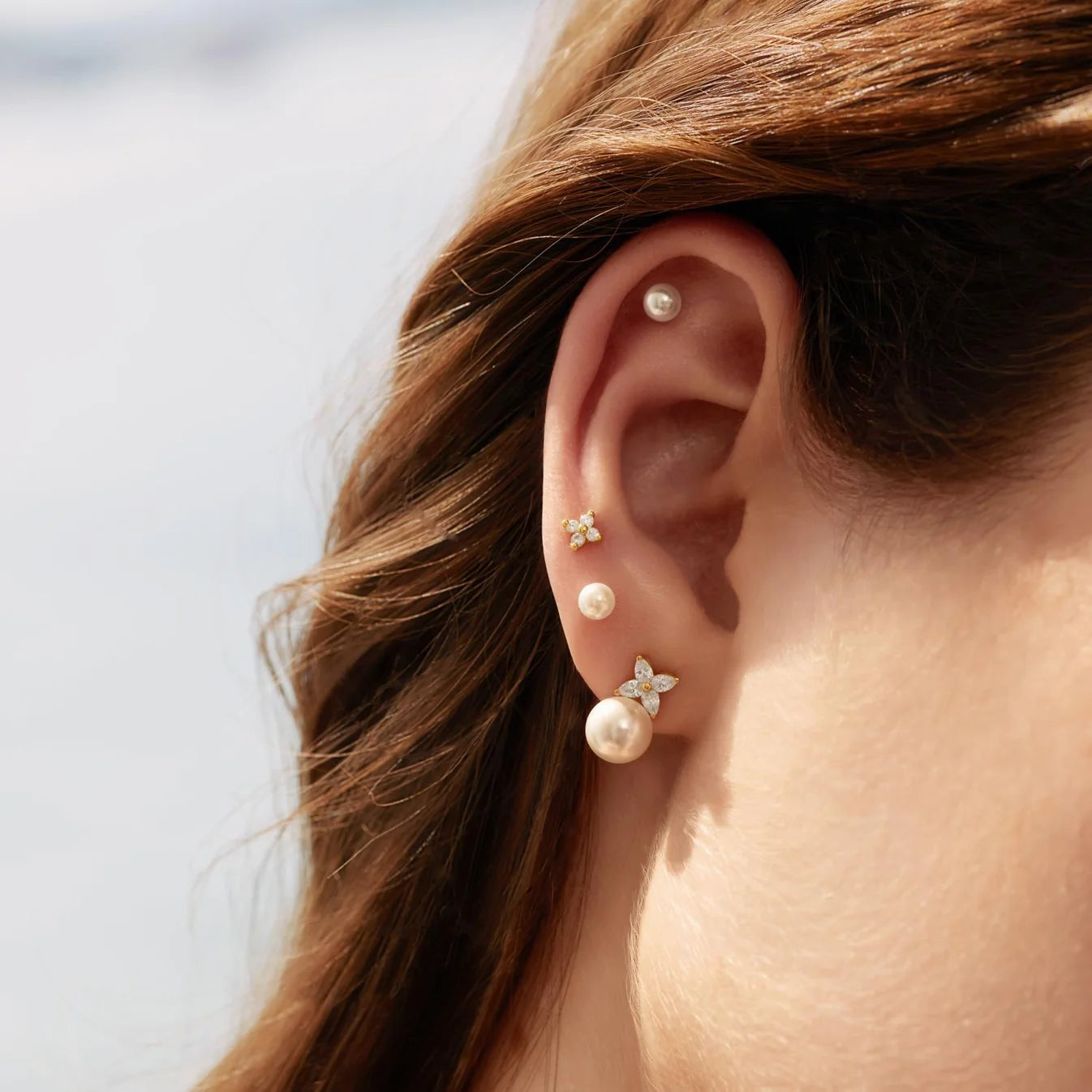 Gold Shell Pearl &amp; Lucky Clover Stud Earrings