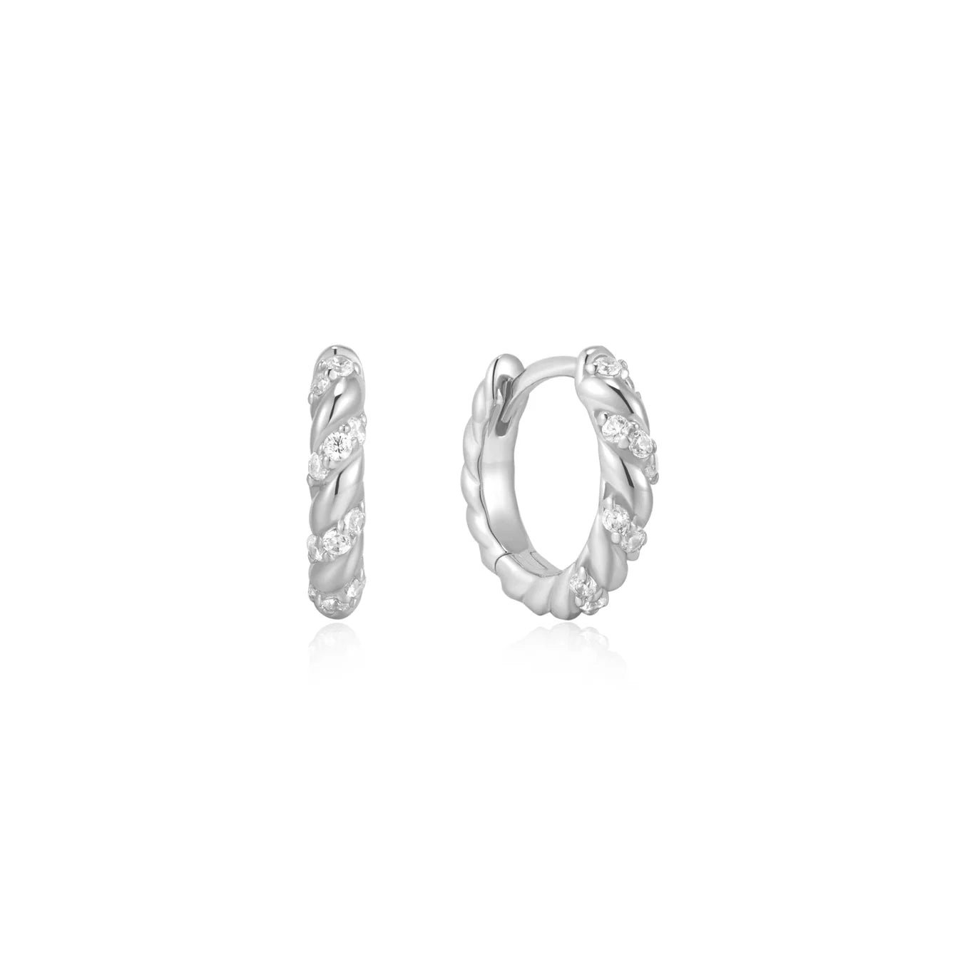 SILVER SPARKLE TWISTED HUGGIE HOOP EARRINGS