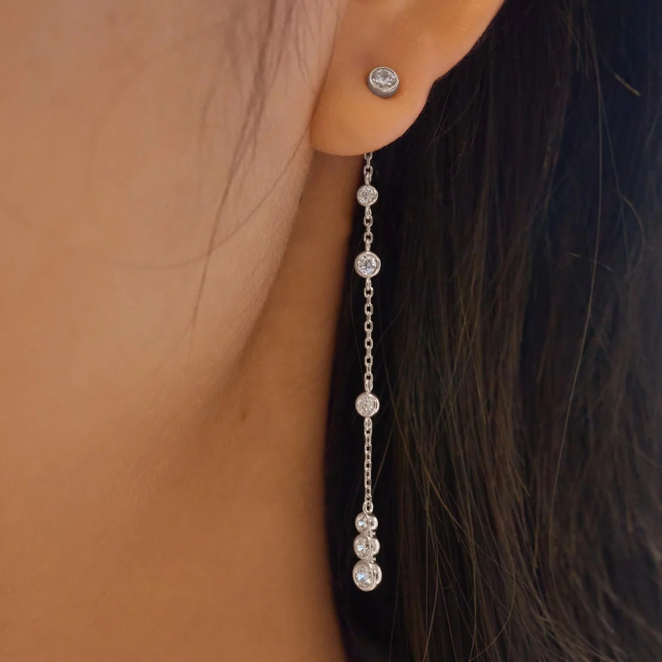SILVER CASCADE STATION DROP STUD EARRINGS