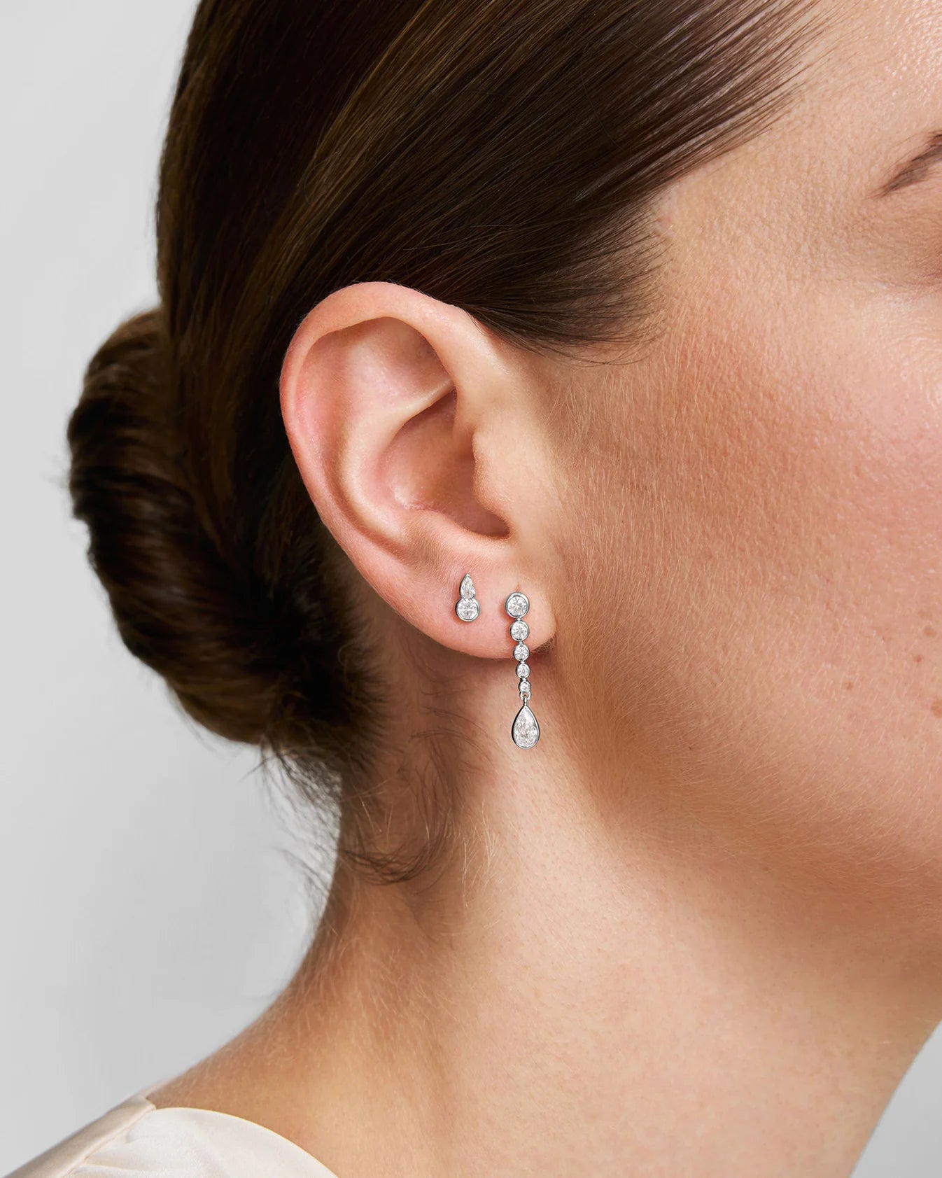 Silver Bezel Round &amp; Teardrop Stud Earrings