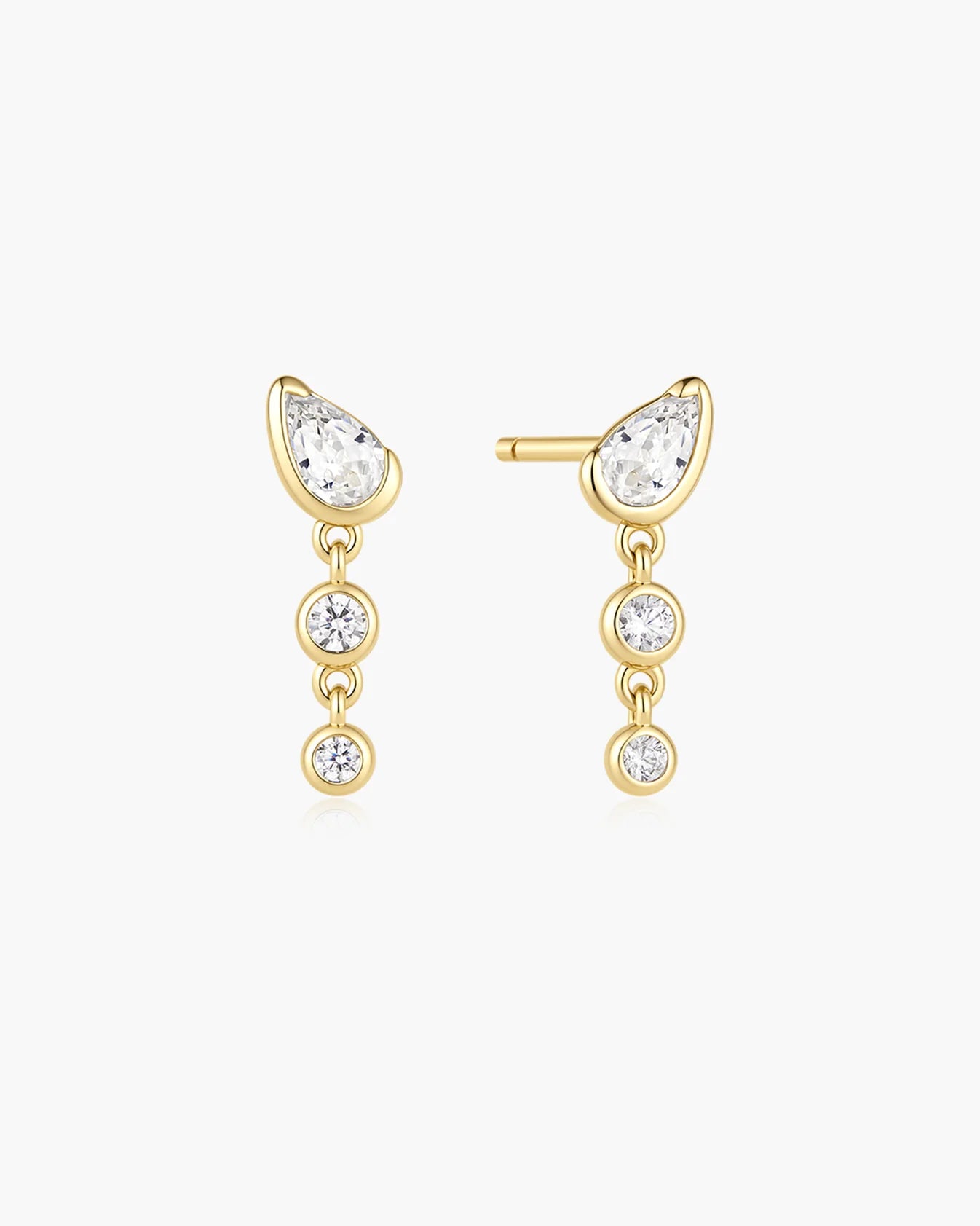 Gold Teardrop &amp; Bezel Round Dangle Stud Earrings