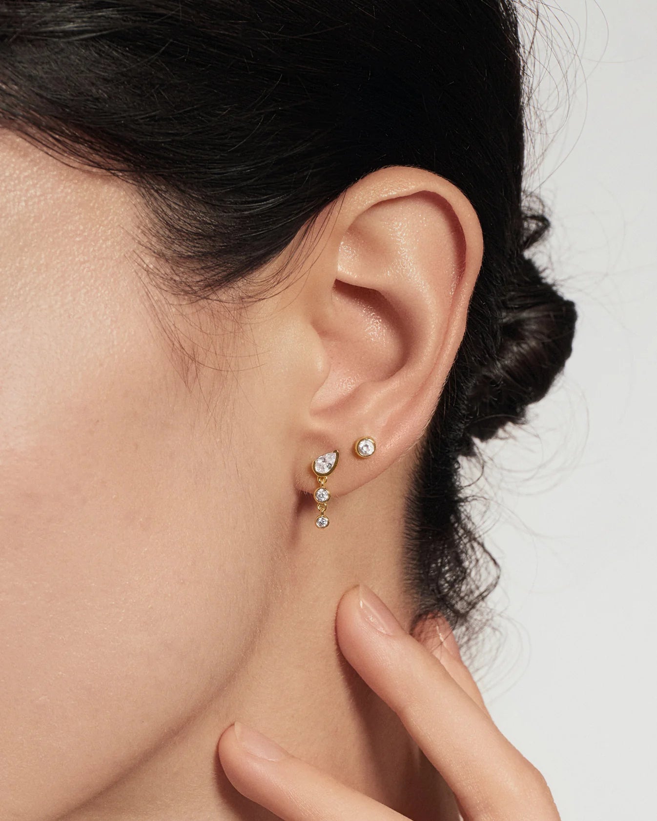 Gold Teardrop &amp; Bezel Round Dangle Stud Earrings