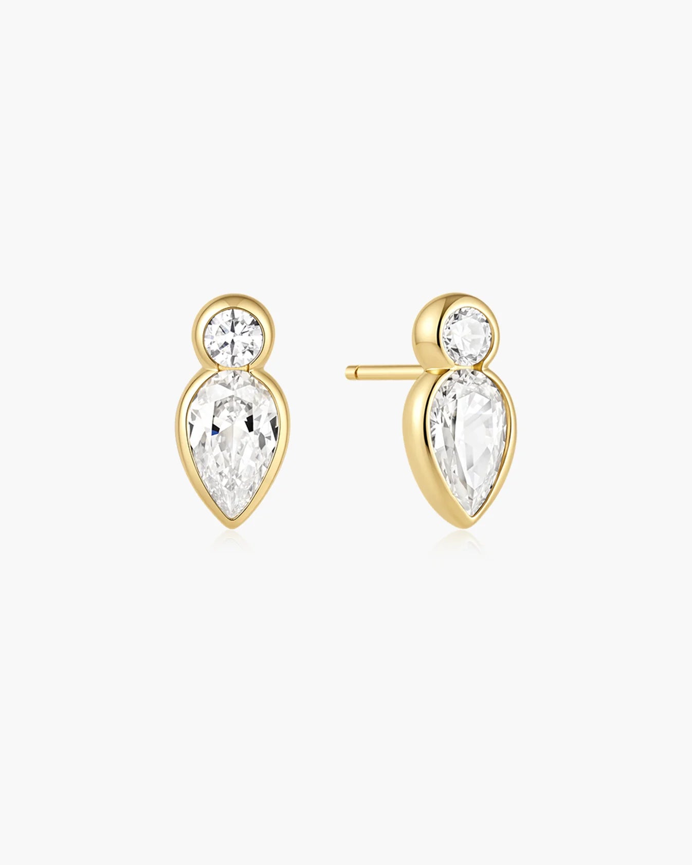 Gold Bezel Inverted Teardrop &amp; Round Stud Earrings
