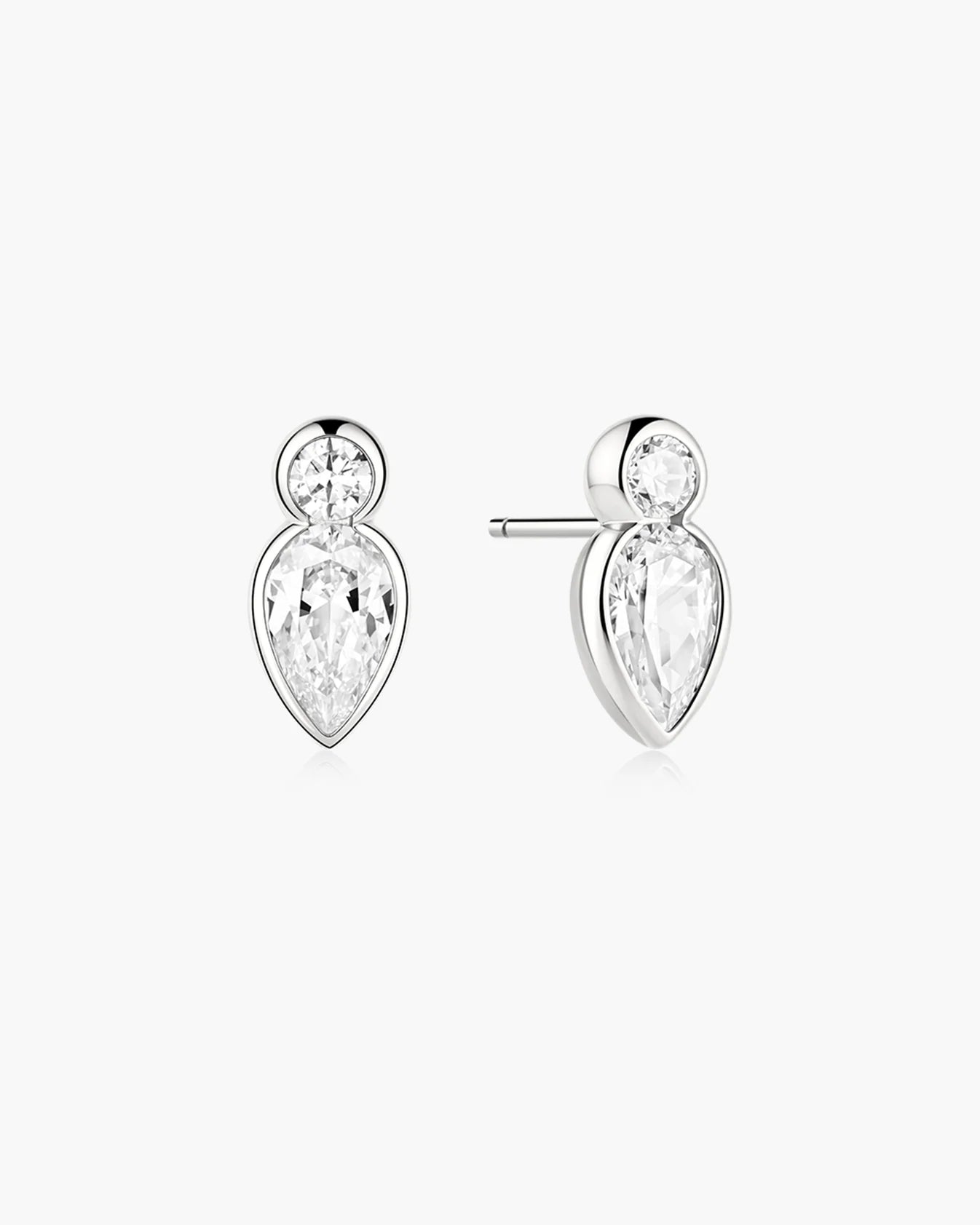 Silver Bezel Inverted Teardrop &amp; Round Stud Earrings