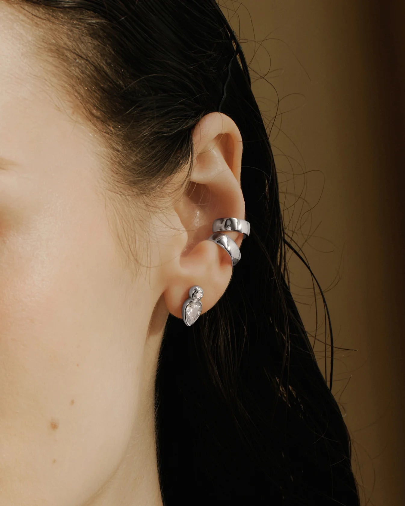 Silver Bezel Inverted Teardrop &amp; Round Stud Earrings