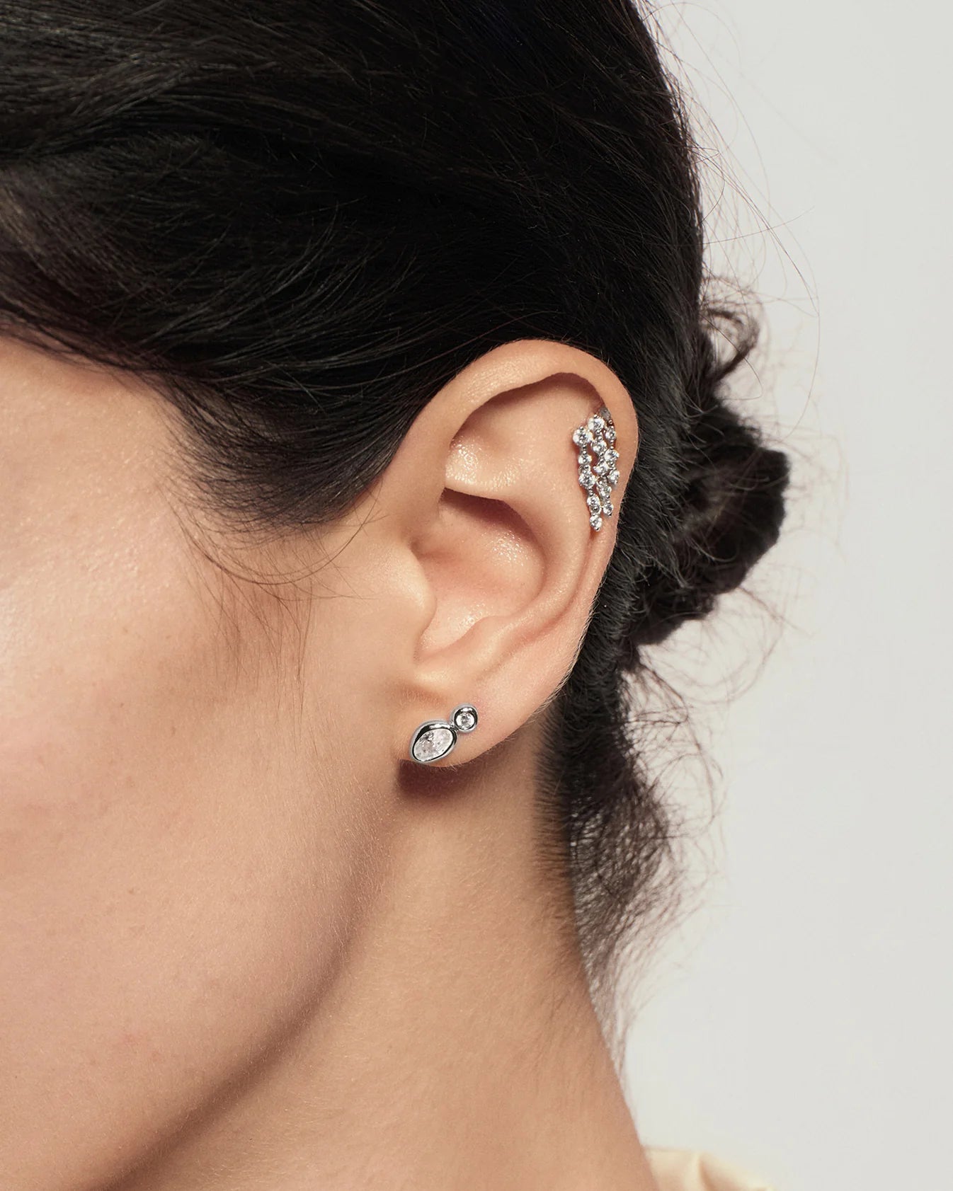 Silver Bezel Organic Pebble &amp; Round Stud Earrings