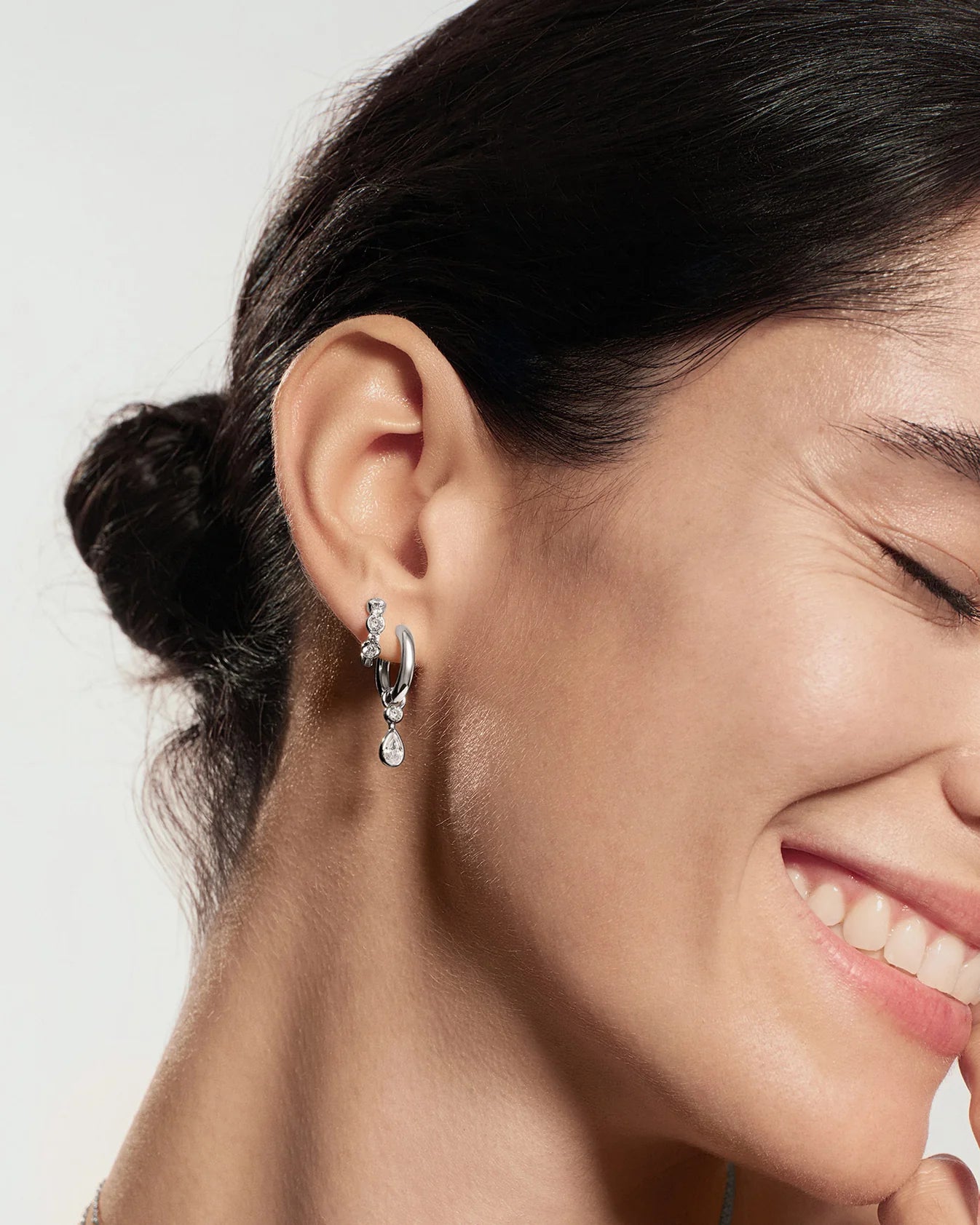 Silver Alternating Half-Bezel Huggie Hoop Earrings