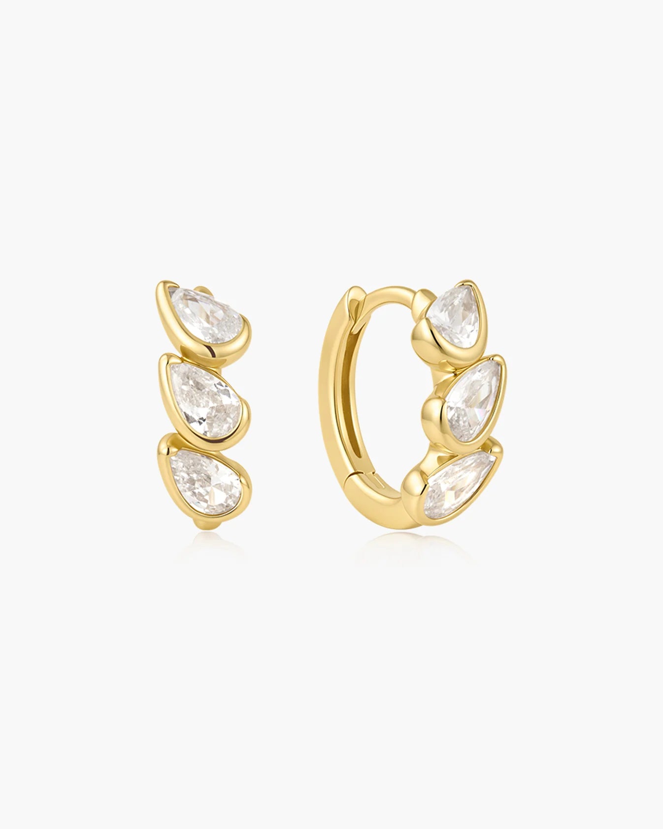 Gold Triple Half-Bezel Teardrop Huggie Hoop Earrings