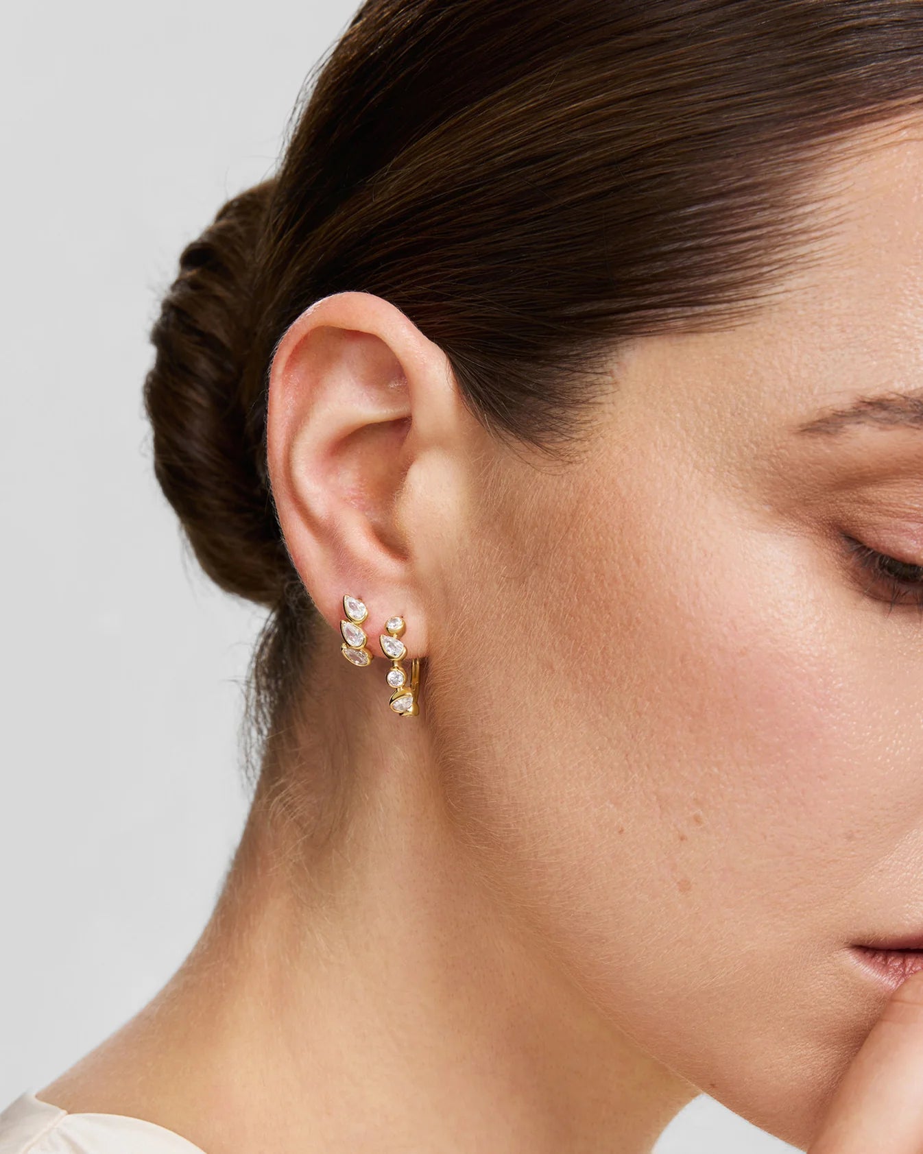 Gold Bezel Round &amp; Teardrop Huggie Hoop Earrings