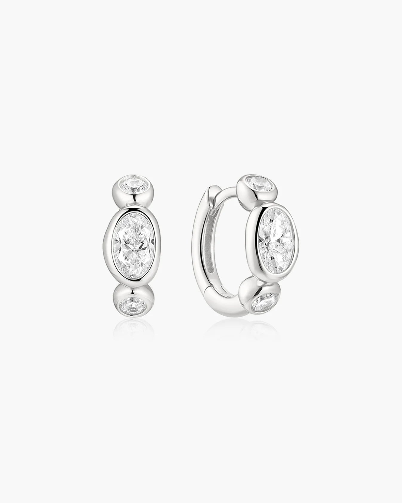 Silver Bezel Organic Pebble &amp; Round Huggie Hoop Earrings