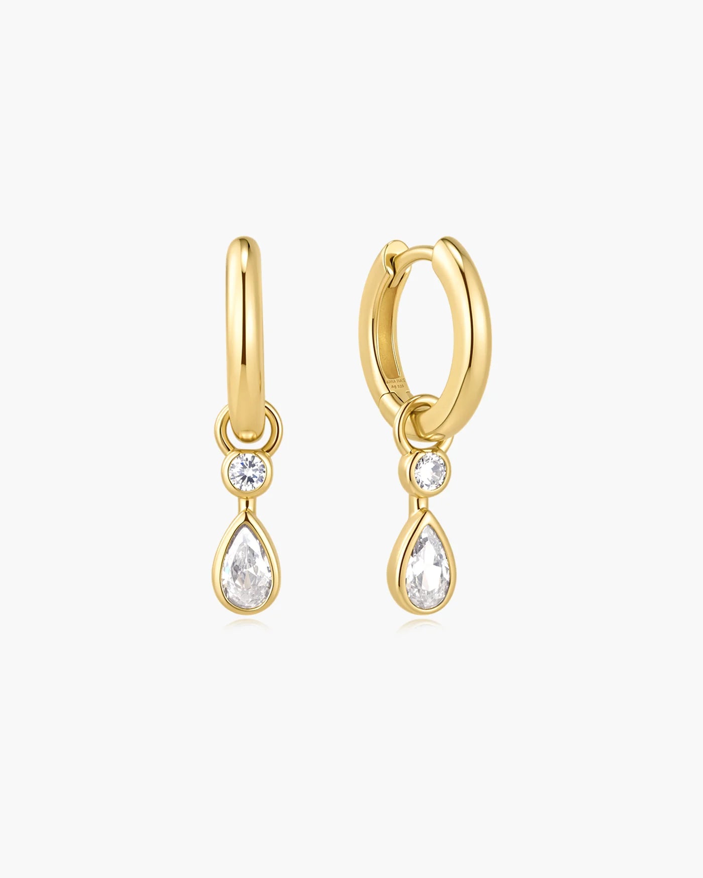 Gold Dangling Bezel Teardrop Huggie Hoop Earrings
