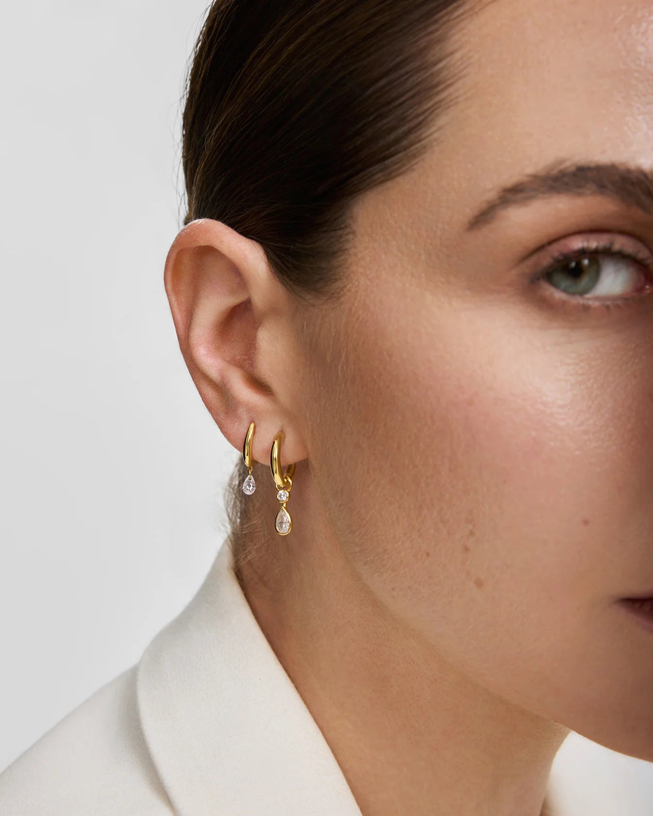 Gold Dangling Bezel Teardrop Huggie Hoop Earrings