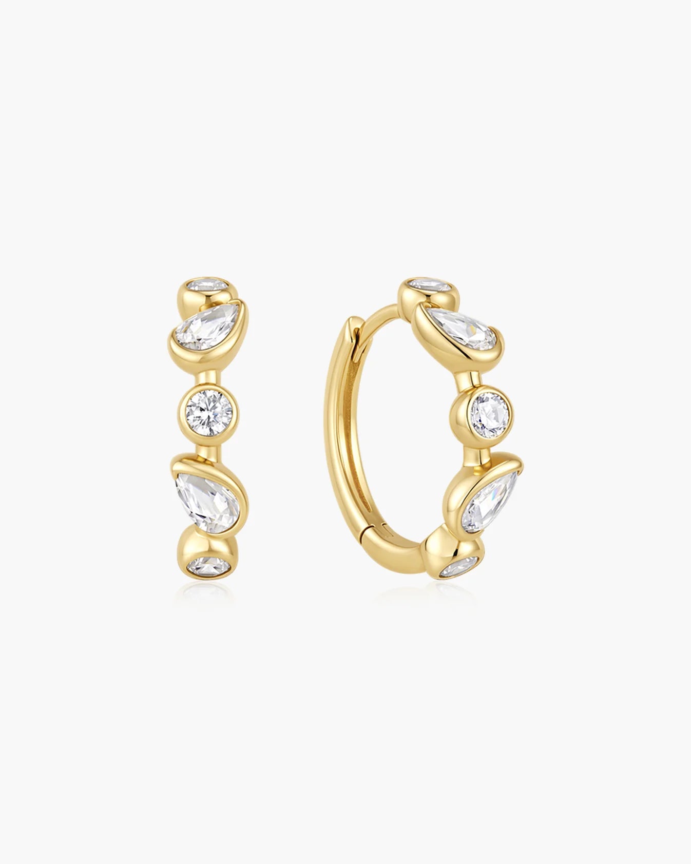 Gold Bezel Round &amp; Teardrop Huggie Hoop Earrings