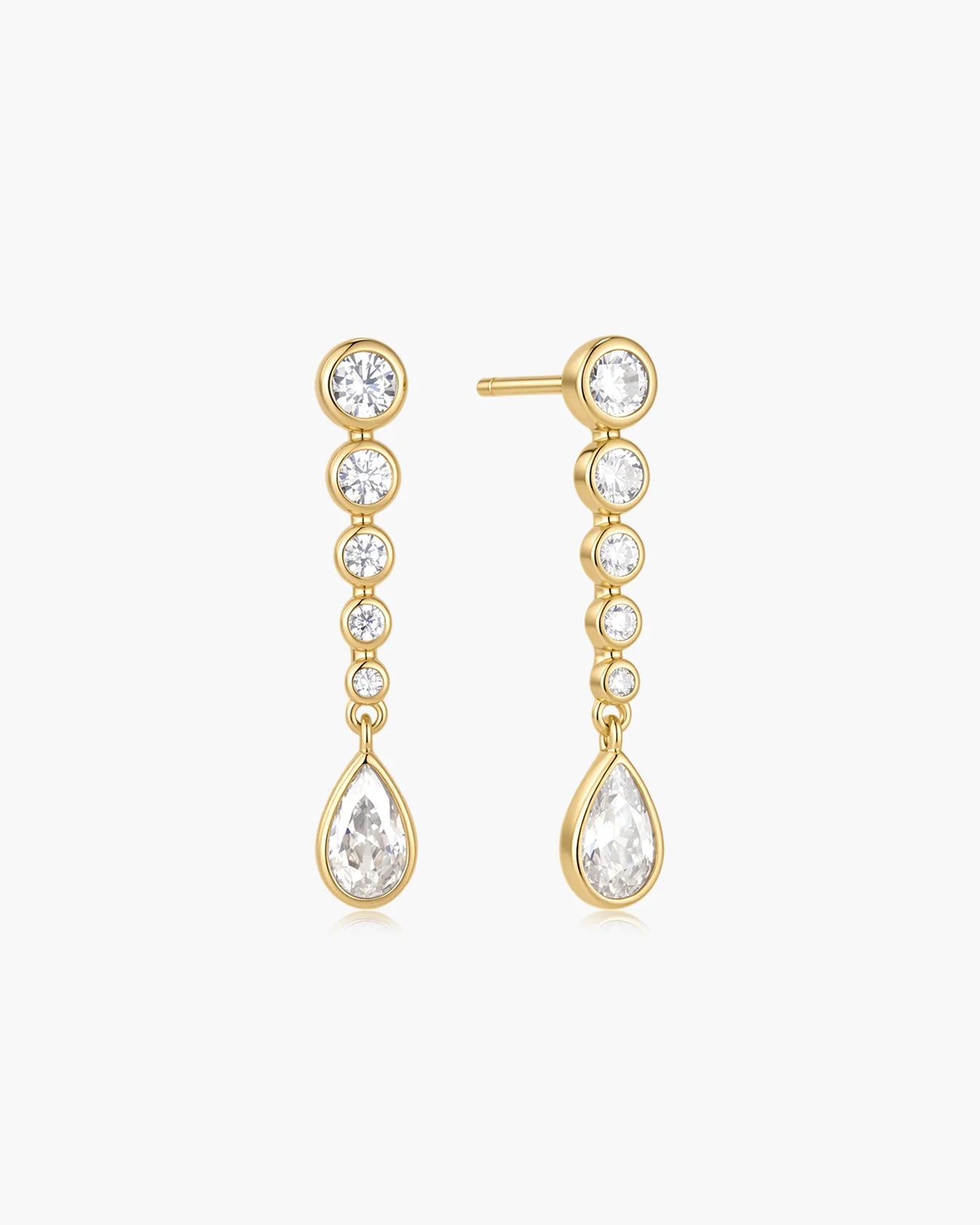 Gold Graduated Bezel Round &amp; Teardrop Dangle Stud Earrings